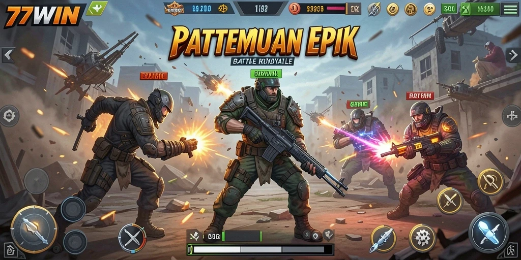 Screenshot gameplay 77WIN menampilkan aksi pertempuran seru dalam mode Battle Royale.