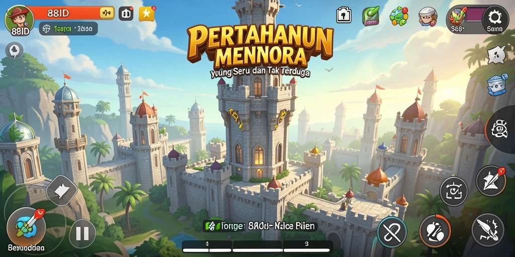 Screenshot gameplay Tower Defense menampilkan aksi menara melawan gelombang musuh.