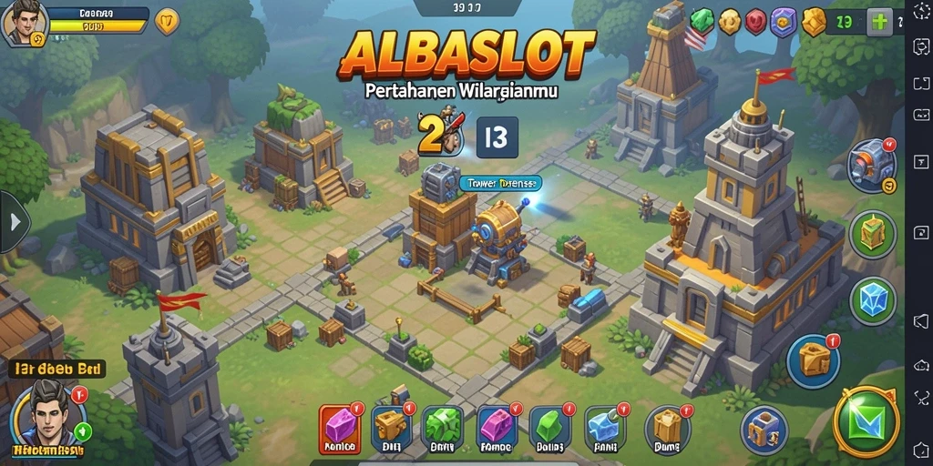 Tangkapan layar gameplay ALBASLOT menunjukkan aksi seru di Tower Defense.
