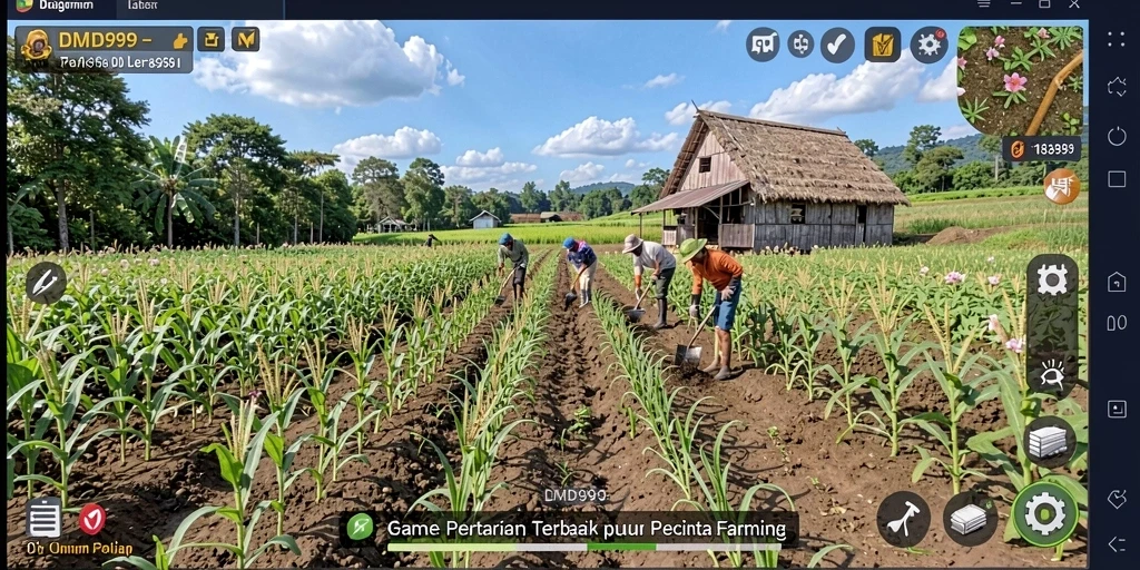 Gameplay DMD999 yang menggambarkan aktivitas bertani yang menyenangkan.