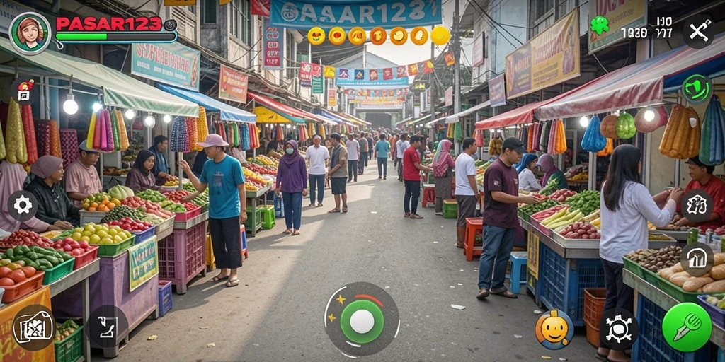 Tampilan gameplay PASAR123 yang menampilkan keseruan pasar.
