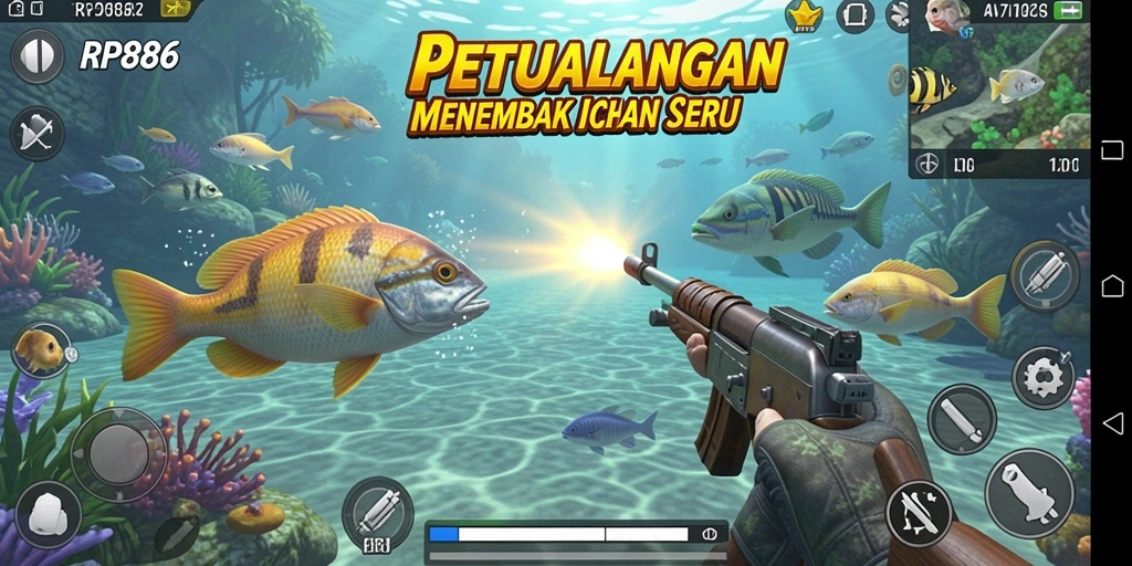 Gameplay seru RP886 menembak ikan di bawah laut.