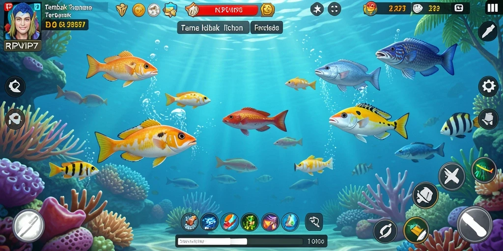 Screenshot RPVIP7 menampilkan aksi seru saat menembak ikan.
